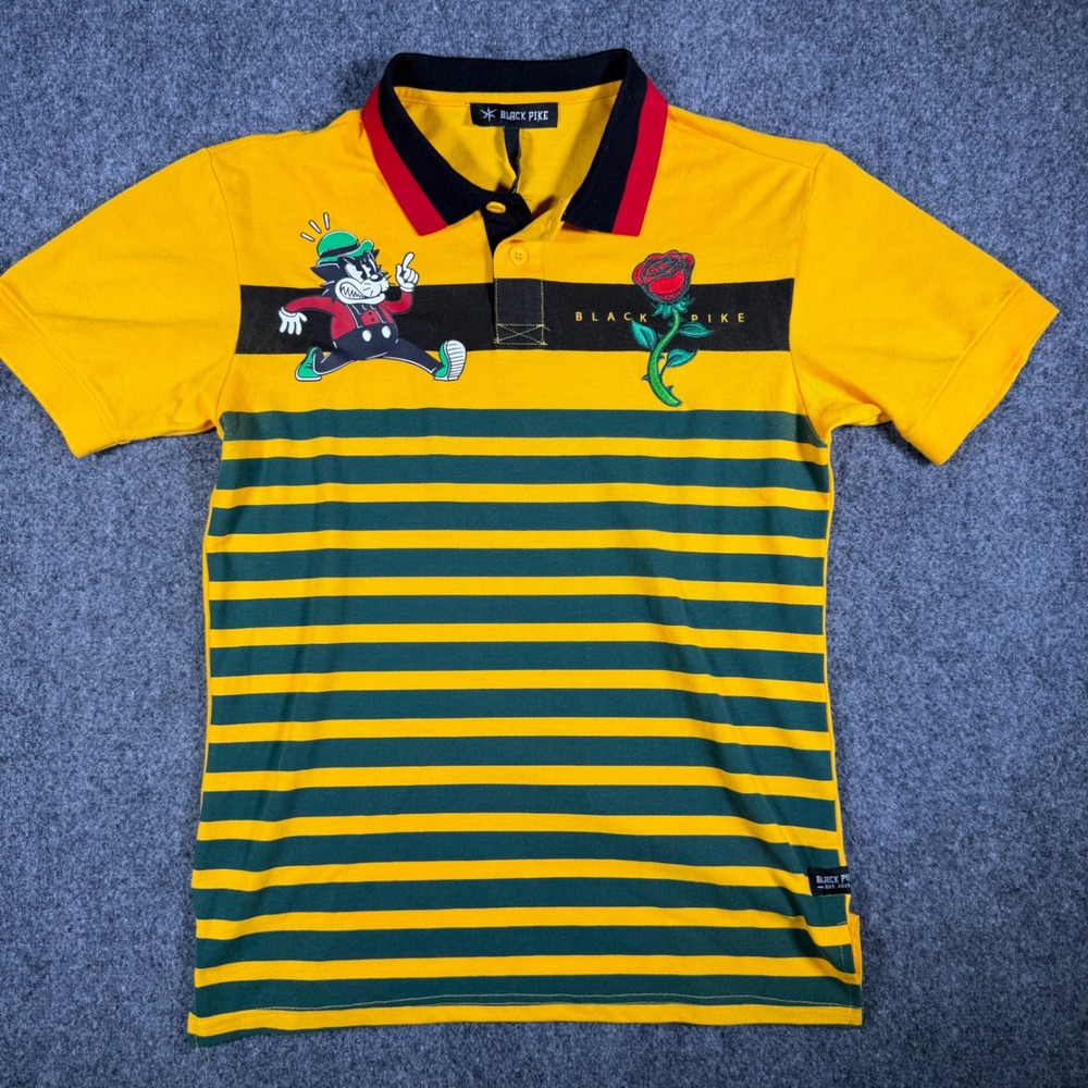 Black Pike Graphic Striped Polo Shirt Mens Large Yellow Green Vintage Style